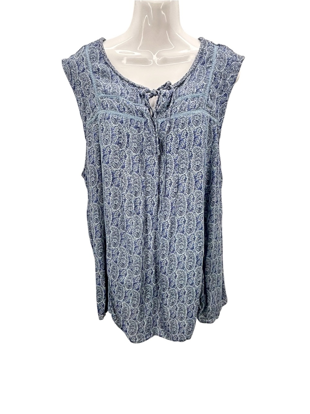 Lucky Brand Boho Paisley Blouse Womens 2X Blue Rayon Sleeveless Tie Neck Top